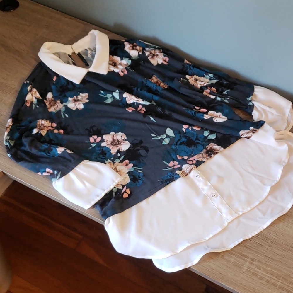 Navy and White Floral Button Down Top
